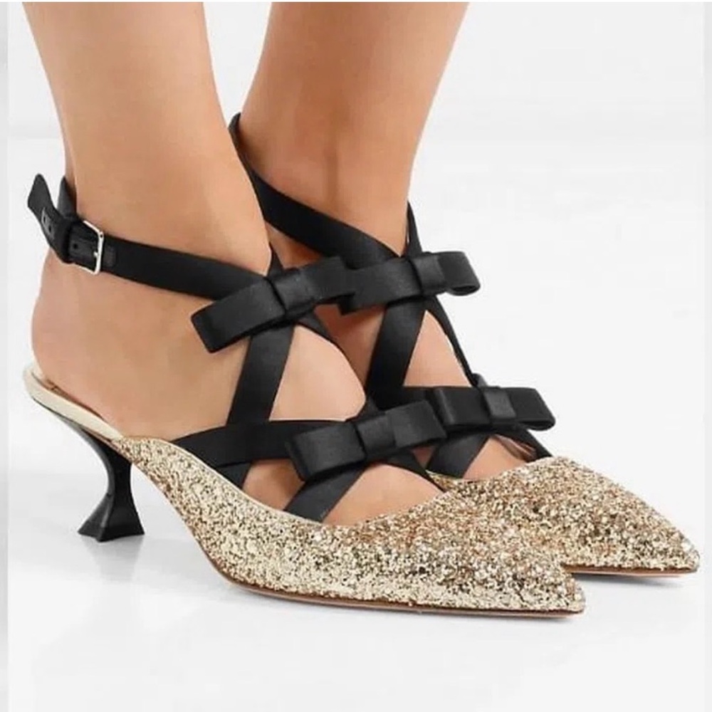 Miu Miu Gold Glitter Bow Pumps - MSRP $1,050 - Size 38